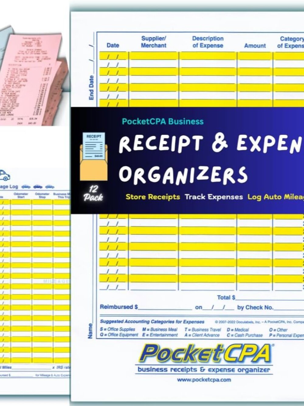 3-in-1 Receipt Organizer Envelopes with Expense & Mileage Logs | 12-Pack | Organ